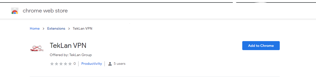 TekLan VPN listing in the Chrome Web Store