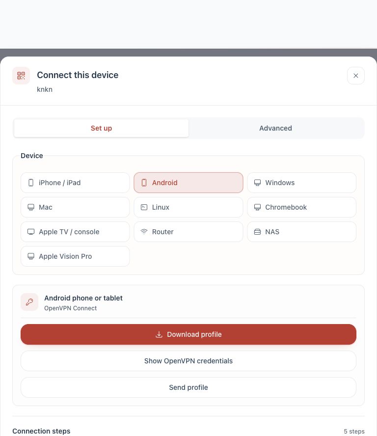 Android connection options in the Dashboard