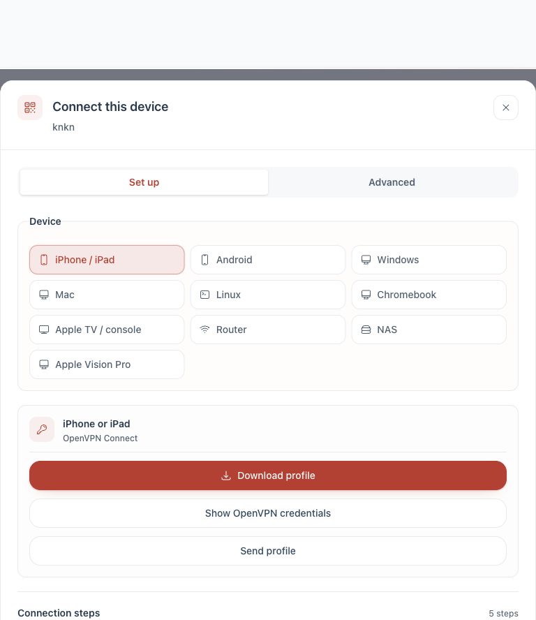iPad connection options in the Dashboard