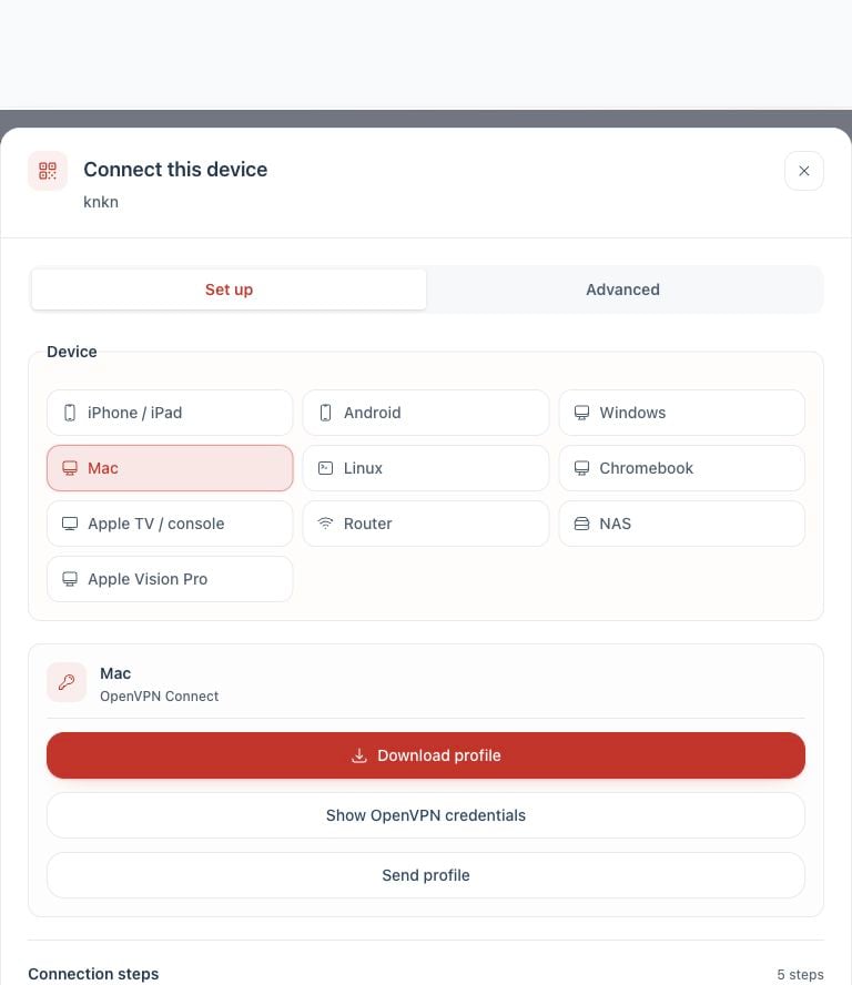Mac connection options and steps in the Dashboard
