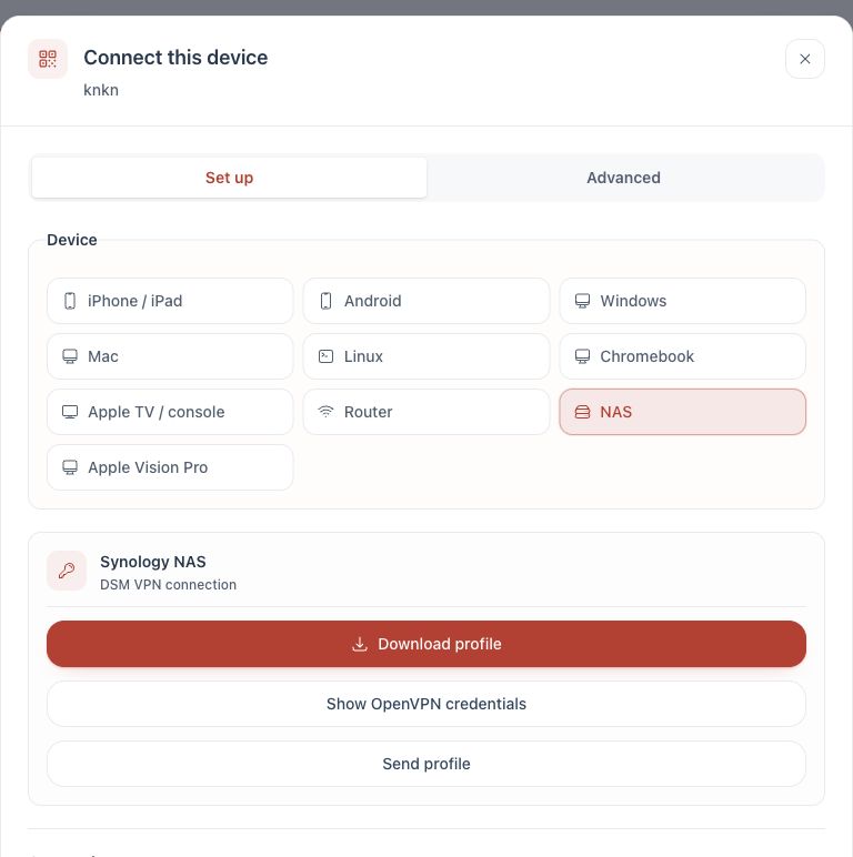 NAS selected in Connect device