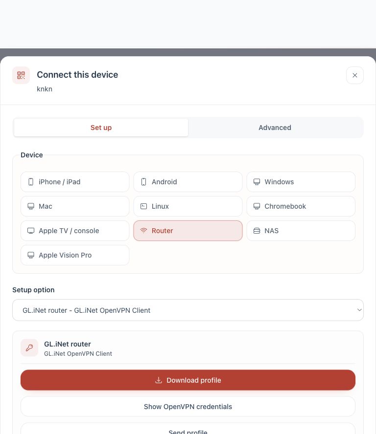 Router selected in Connect device