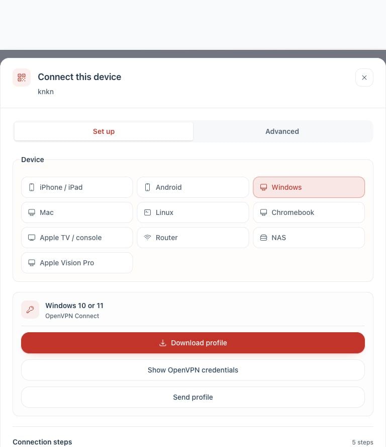 Windows connection options in the Dashboard