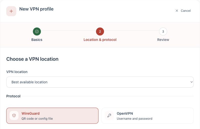 WireGuard selected while adding a device in the TekLan VPN Dashboard
