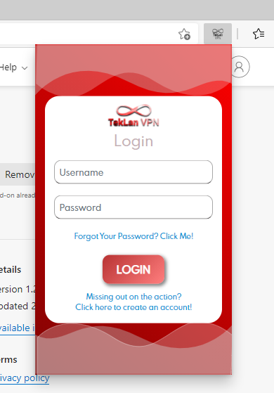 TekLan VPN extension sign-in panel in Edge