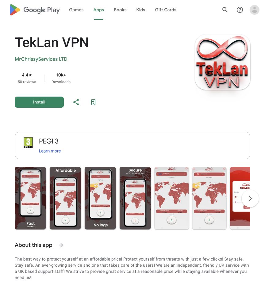 TekLan VPN listing on Google Play
